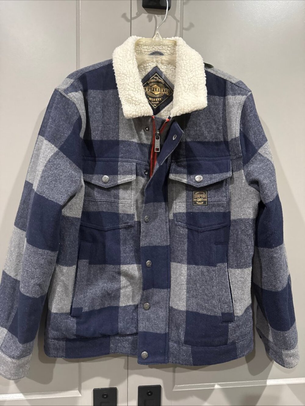 Superdry Jacket Mens Medium Blue Plaid Sherpa Lined Faux Fur Bomber Workwear